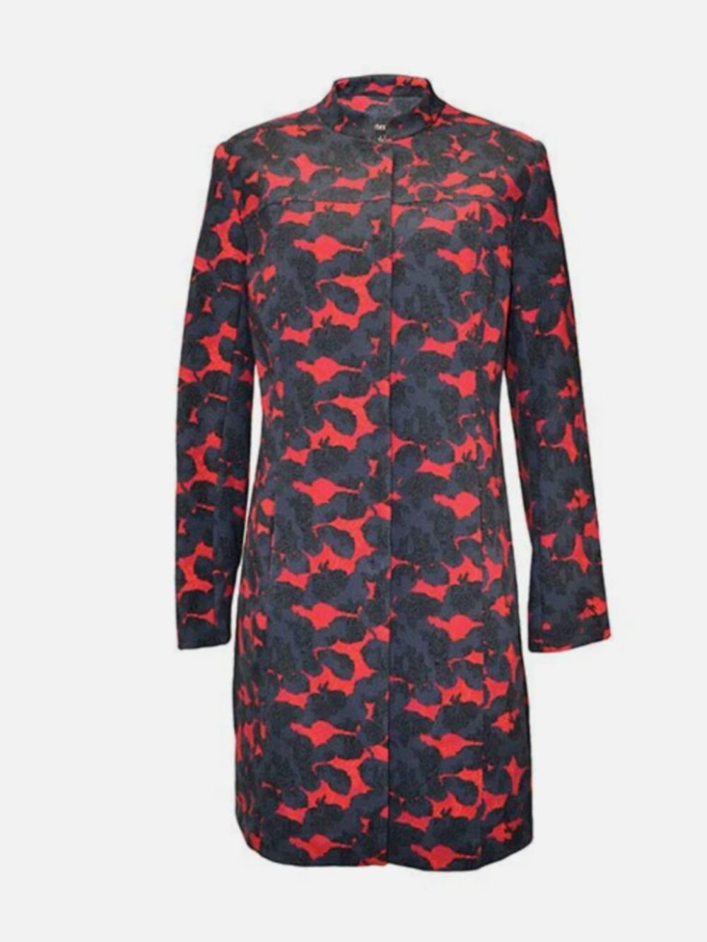 J. PETERMAN RED NAVY FLORAL JACQUARD MANDARIN COLLAR LONGLINE COAT JACKET SIZE 8